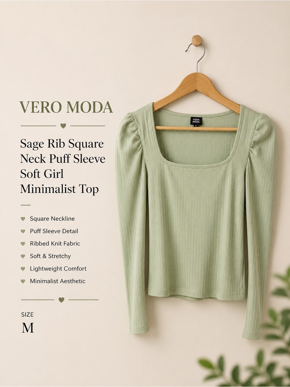 Vero Moda Sage Rib Square Neck Puff Sleeve Soft Girl Minimalist Top Size Medium